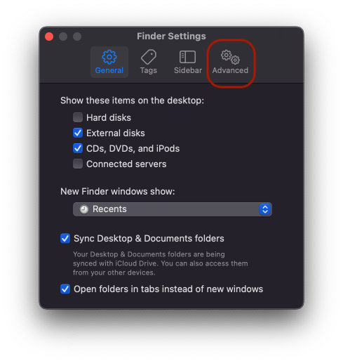 Screenshot highlighting the Advanced tab in Finder Preferences