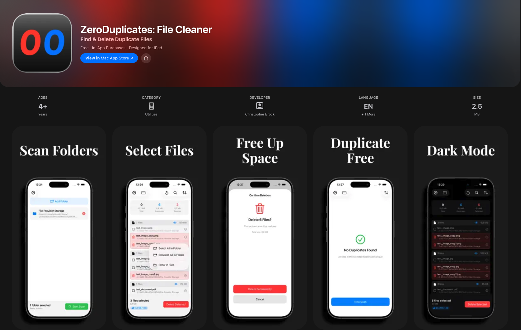Zero Duplicates app showcase on iPhone and iPad device mockups with duplicate file detection interface