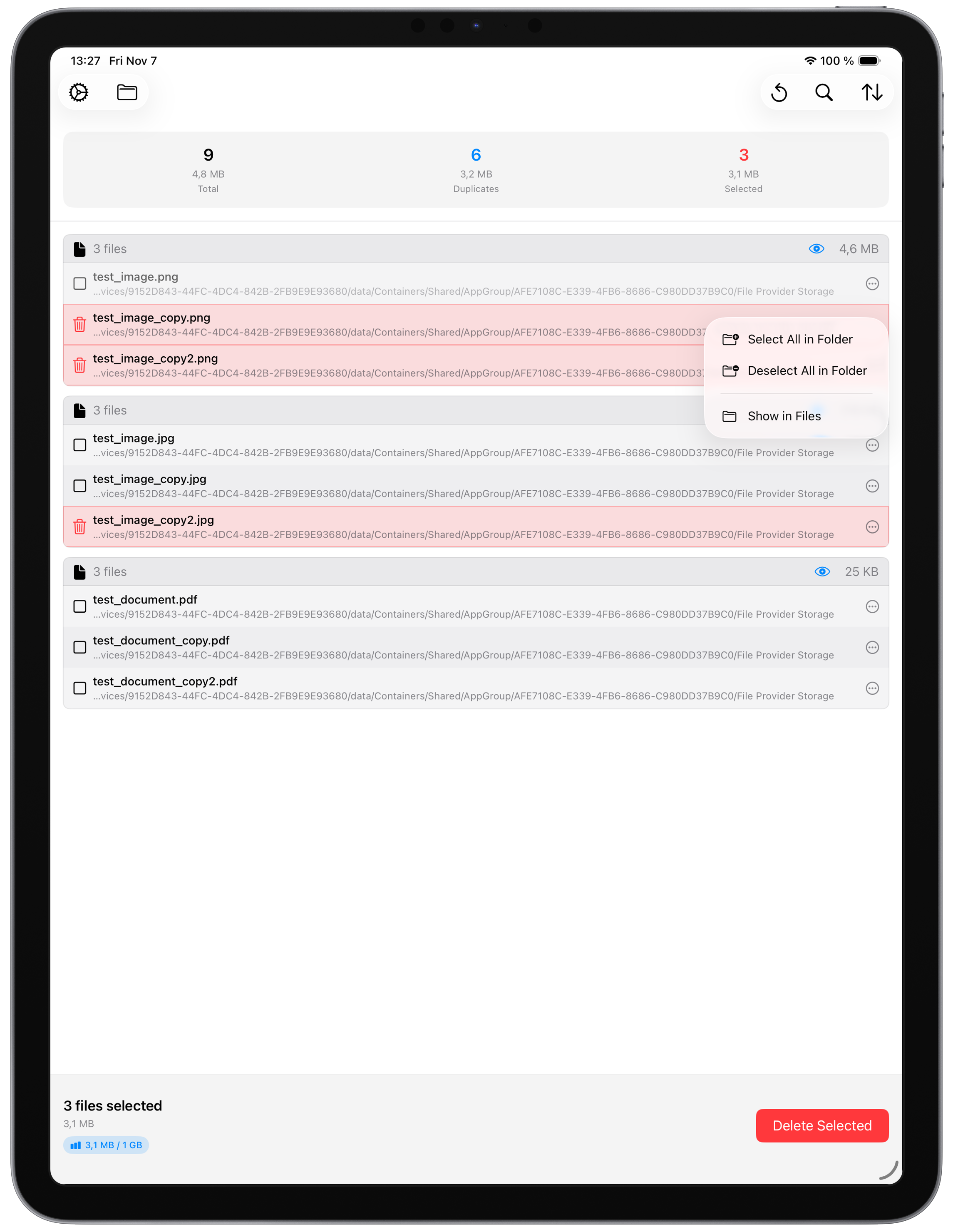 iPad Pro 13-inch mockup displaying Zero Duplicates with duplicate file results