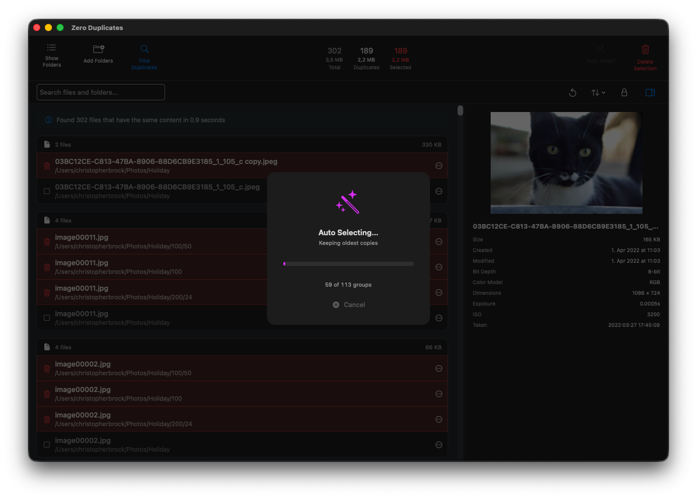 Zero Duplicates showing progress indicator while Auto Select processes duplicate file groups