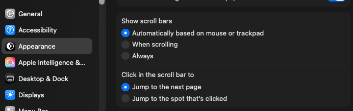 macOS System Settings Appearance panel showing the Show scroll bars options: Automatically, When scrolling, and Always