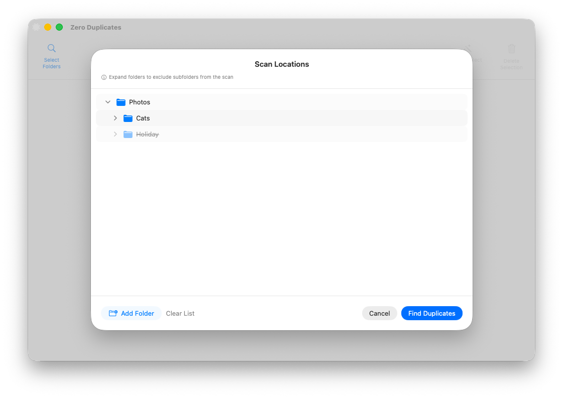 Scan locations dialog showing folders and excluded subfolders