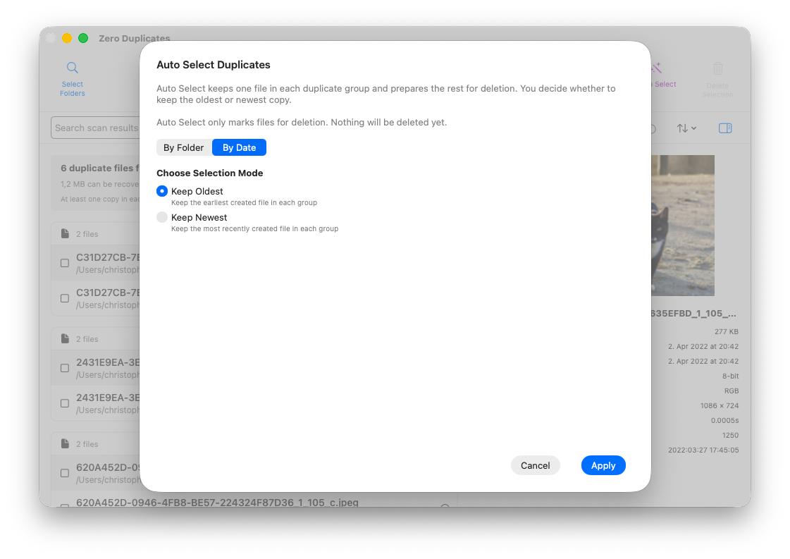 Auto Select by Date dialog with Keep Oldest option