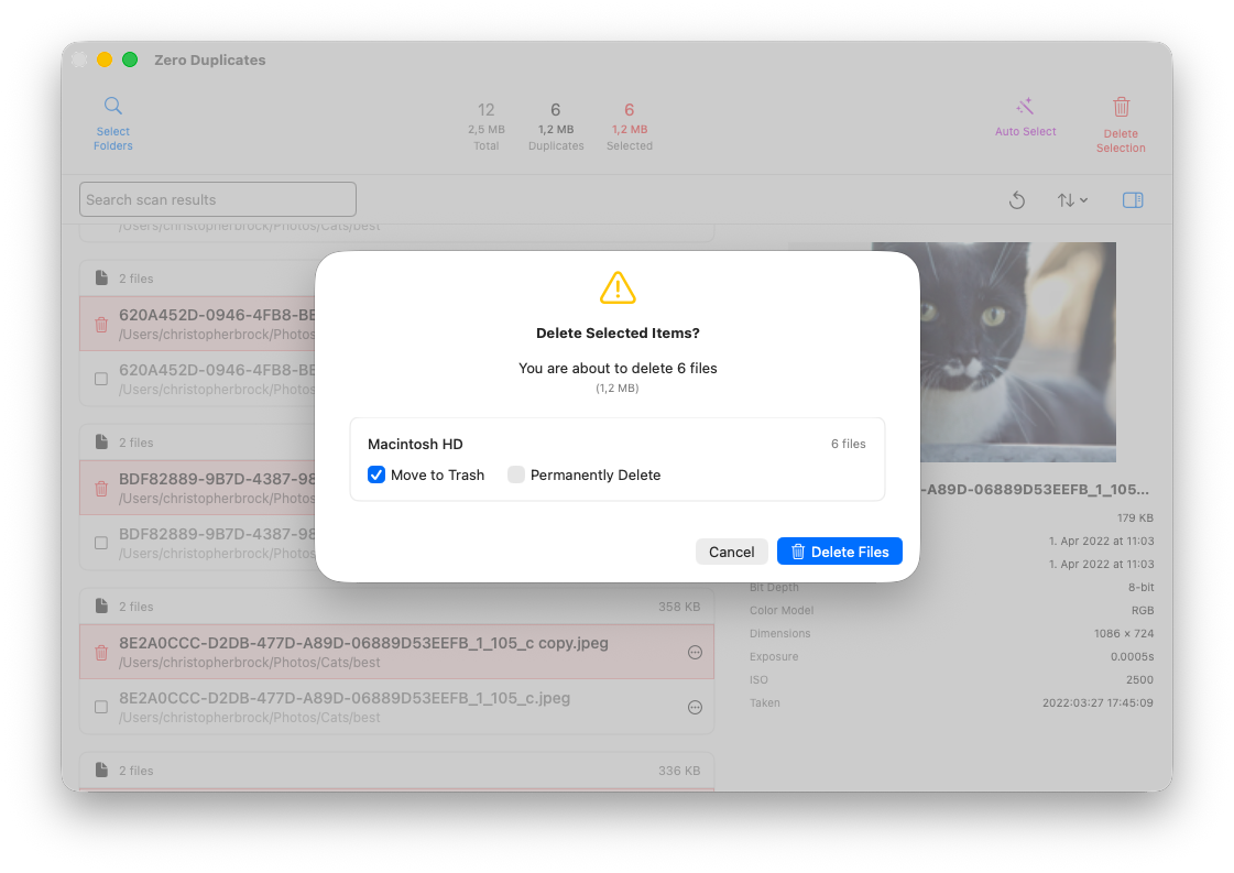 Delete confirmation dialog showing Move to Trash and Permanently Delete options
