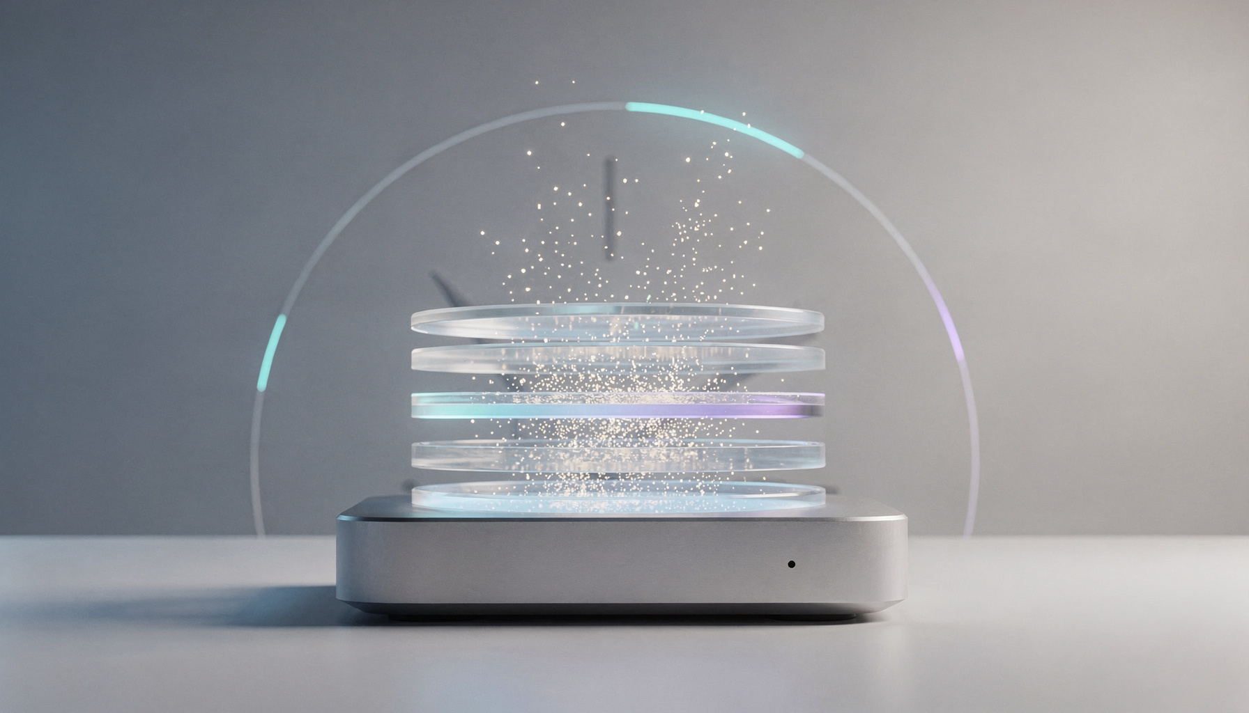 Illustration of an external backup drive with layered translucent rings representing old backups gently dissolving into light, symbolizing freeing up space on a Time Machine backup disk.