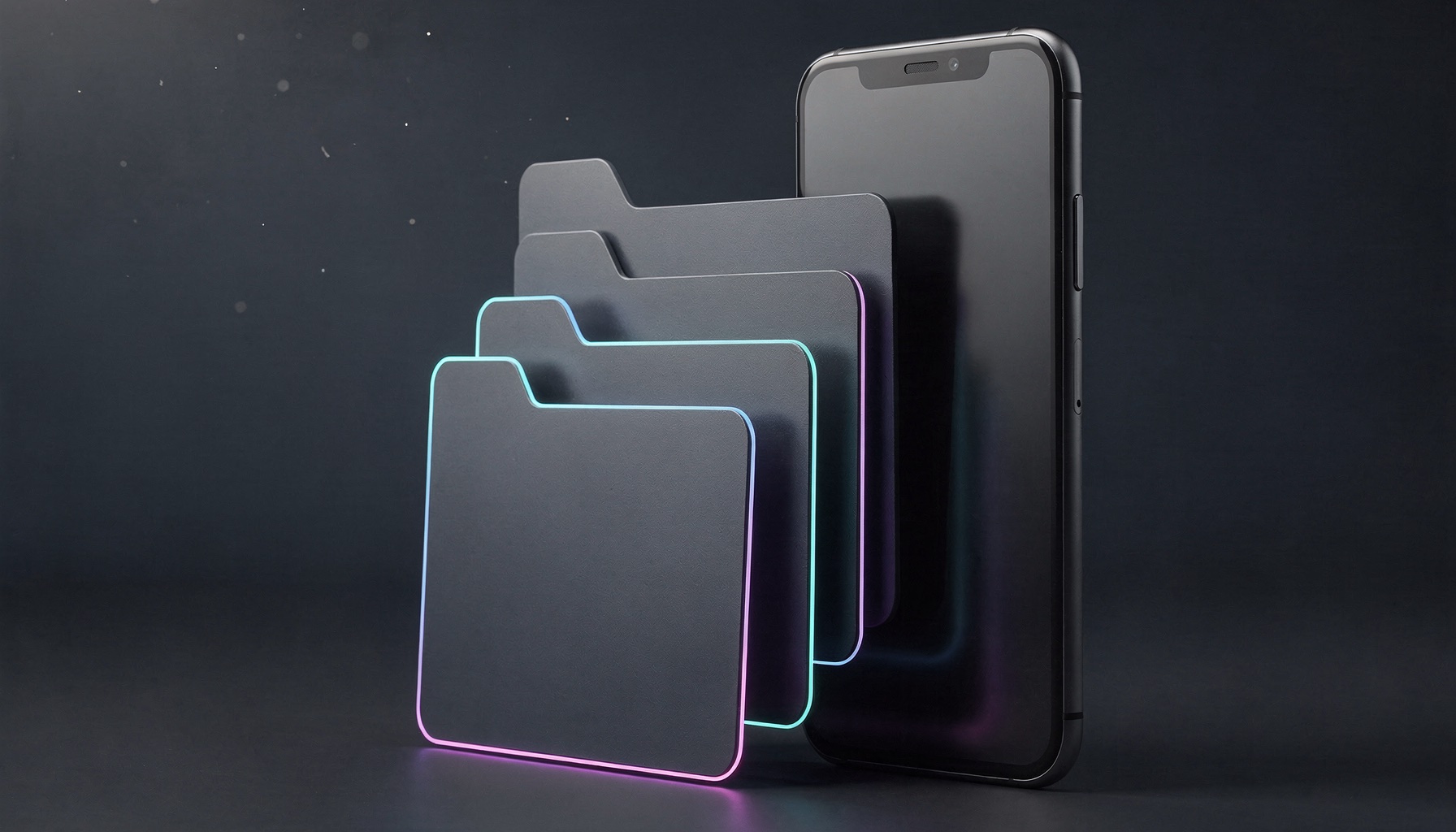 Concept art of an iPhone with a stack of document shapes fanning out beside it, two identical file cards glowing as a matched duplicate pair