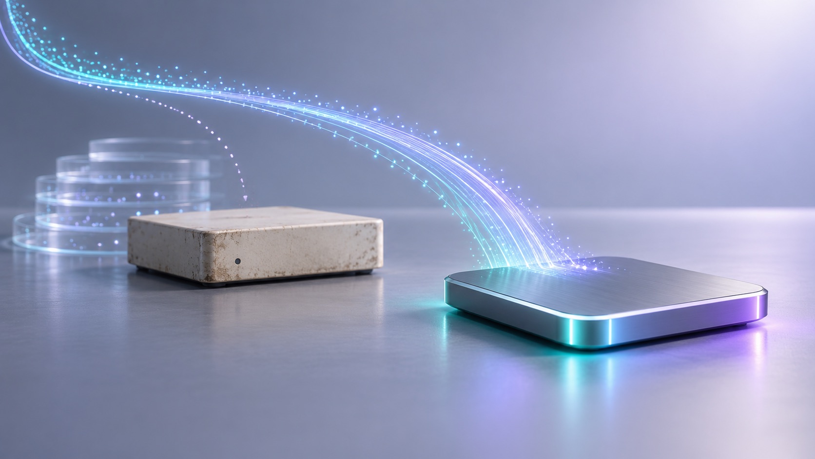 Illustration of an old, dimmed Time Capsule-style base station beside a glowing modern external SSD, with a soft stream of light flowing from the Mac to the SSD.