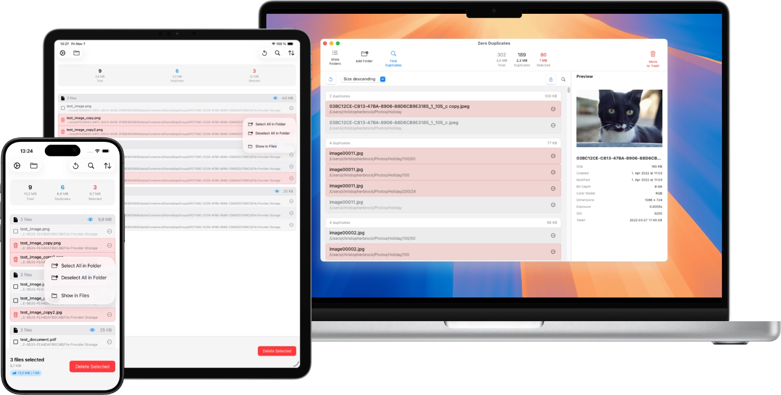 Zero Duplicates duplicate file finder app interface shown on MacBook Pro, iPhone 15 Pro, and iPad Pro displaying smart detection and file cleanup features